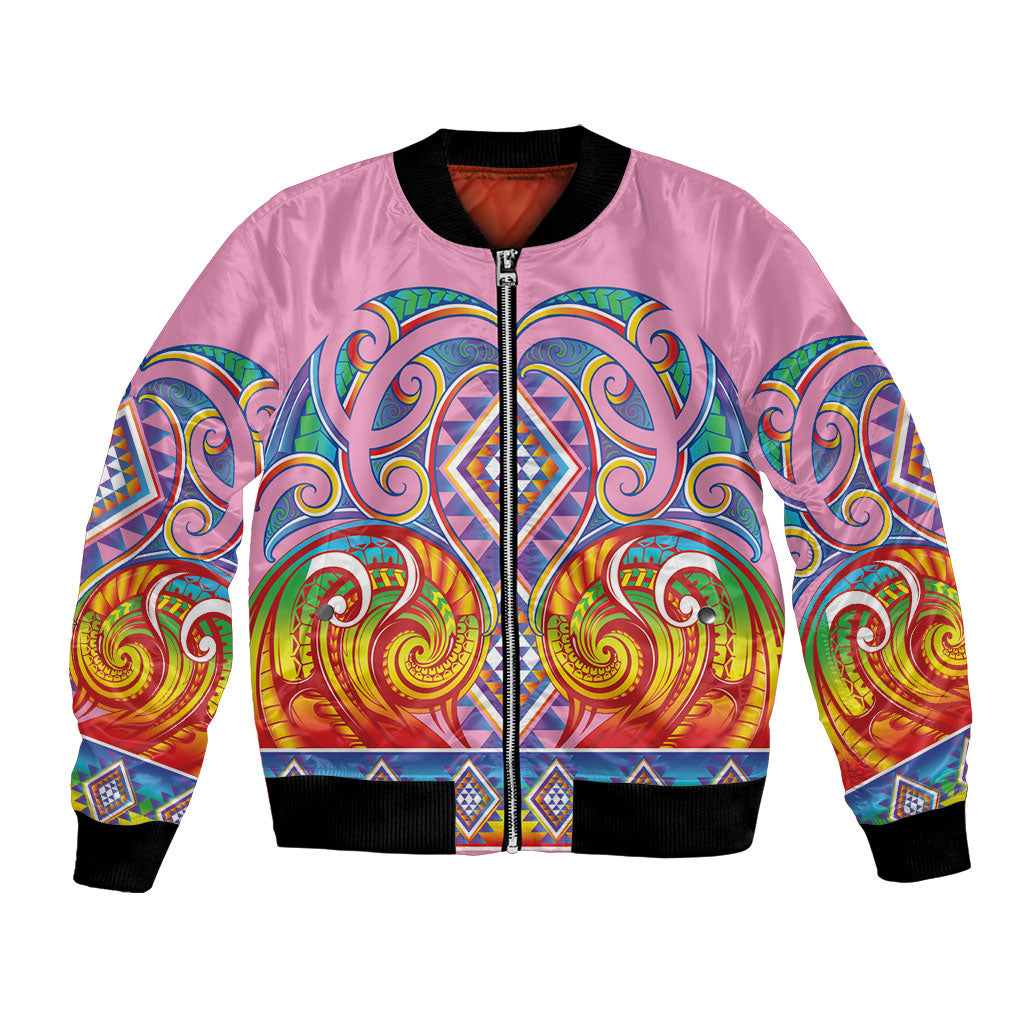 Rainbow Ngaru Taniko With Aotearoa Maori Tattoo Bomber Jacket