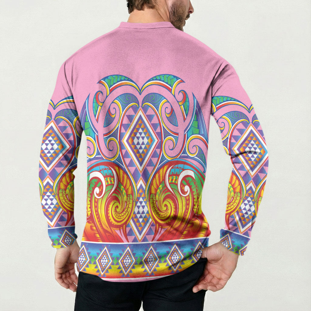 Rainbow Ngaru Taniko With Aotearoa Maori Tattoo Button Sweatshirt