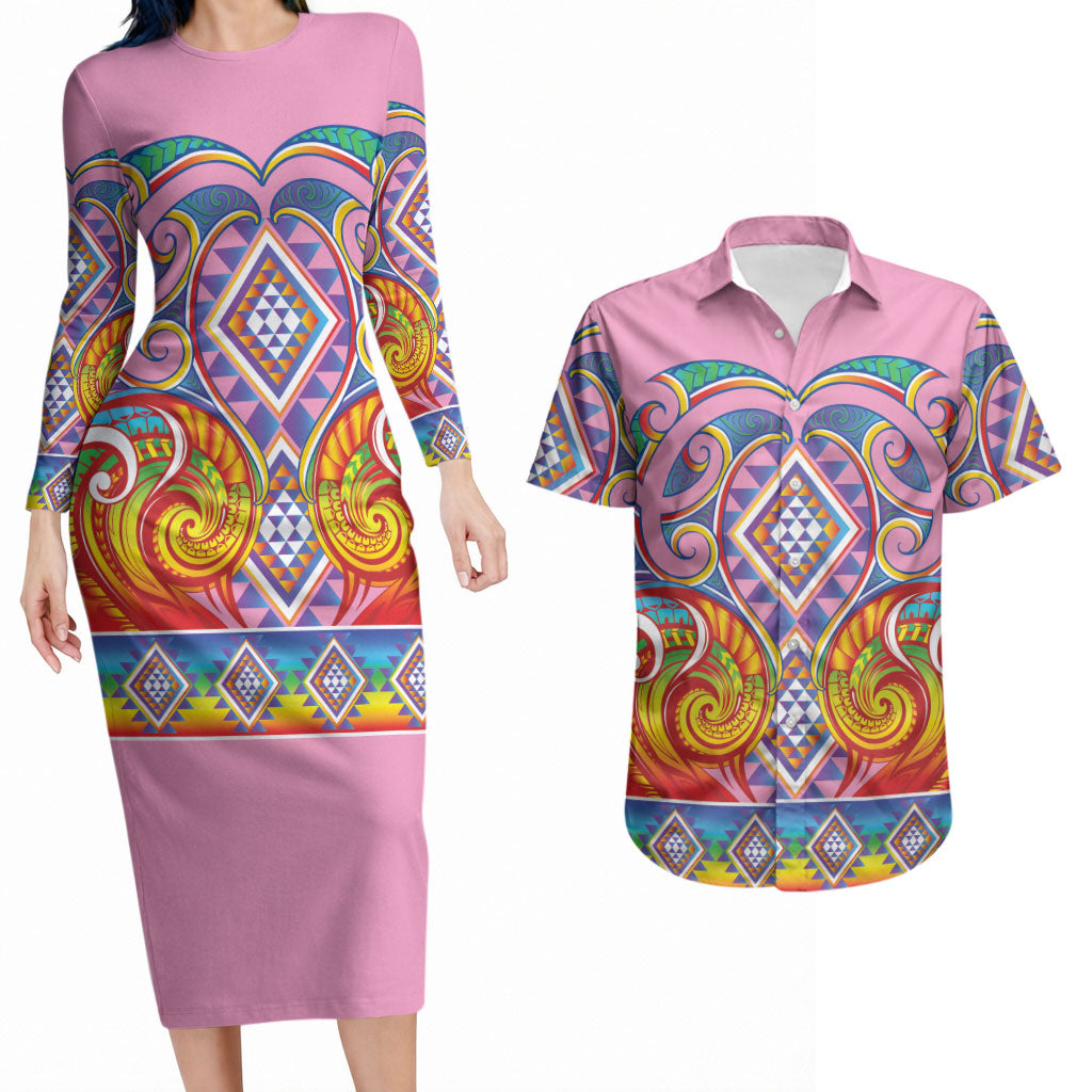 Rainbow Ngaru Taniko With Aotearoa Maori Tattoo Couples Matching Long Sleeve Bodycon Dress and Hawaiian Shirt