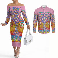 Rainbow Ngaru Taniko With Aotearoa Maori Tattoo Couples Matching Off The Shoulder Long Sleeve Dress and Long Sleeve Button Shirt