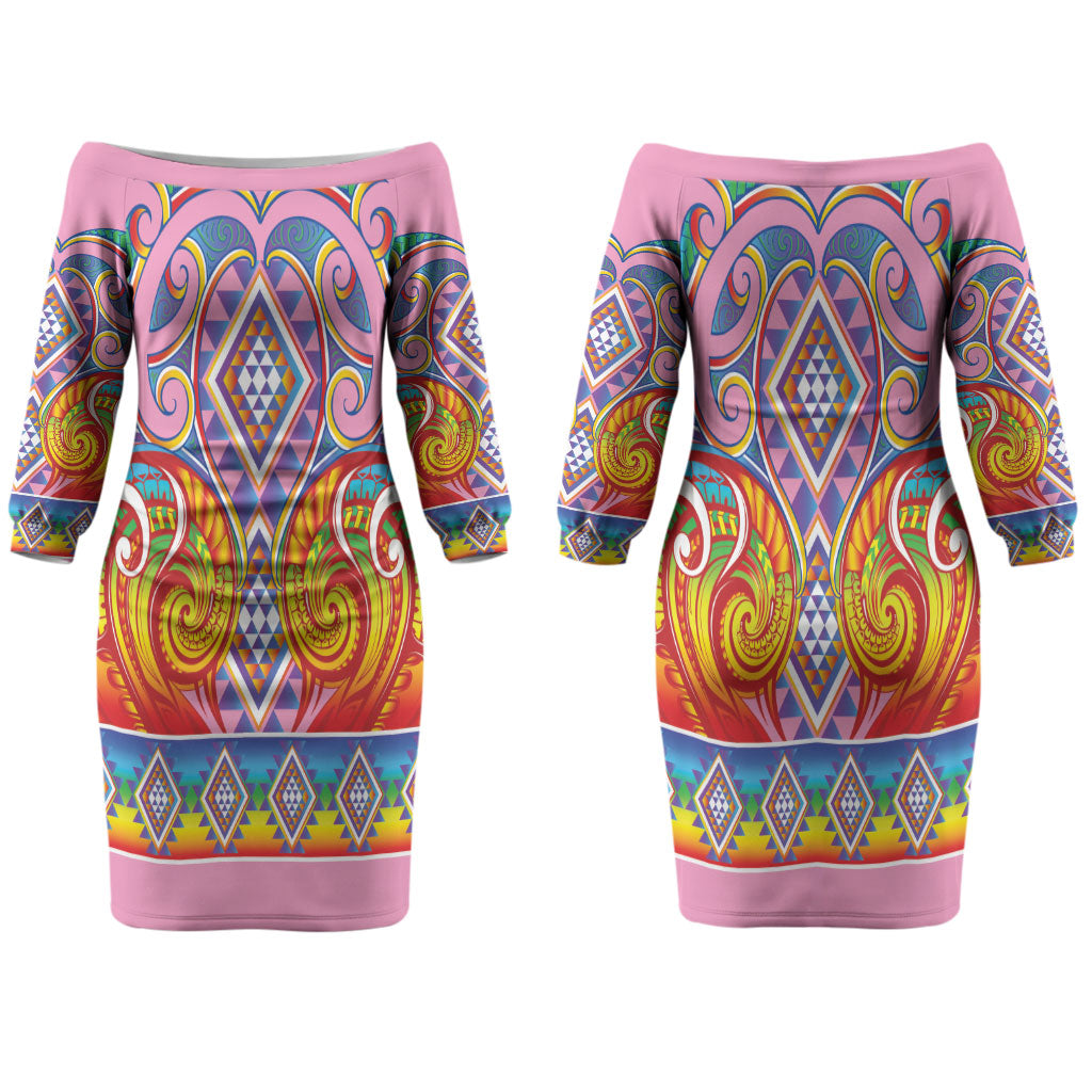 Rainbow Ngaru Taniko With Aotearoa Maori Tattoo Couples Matching Off The Shoulder Long Sleeve Dress and Long Sleeve Button Shirt