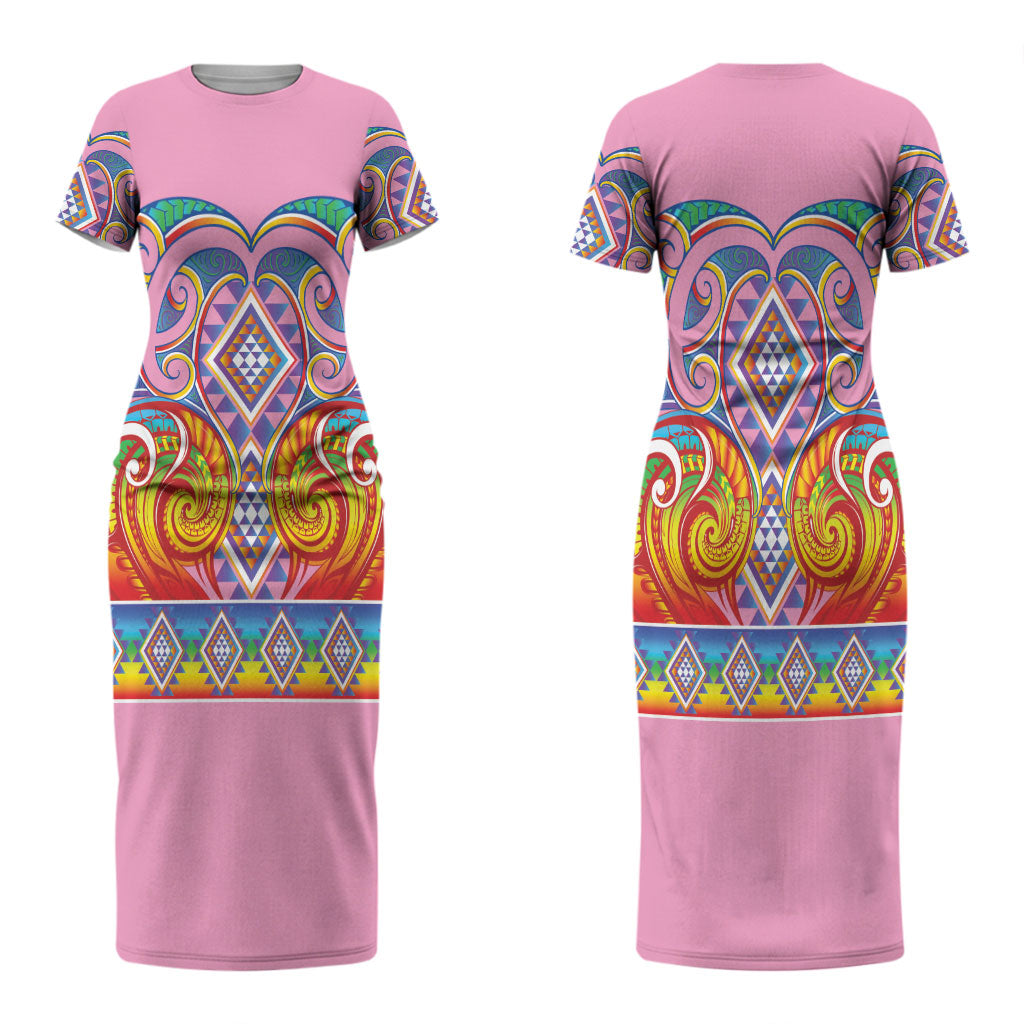 Rainbow Ngaru Taniko With Aotearoa Maori Tattoo Couples Matching Short Sleeve Bodycon Dress and Hawaiian Shirt
