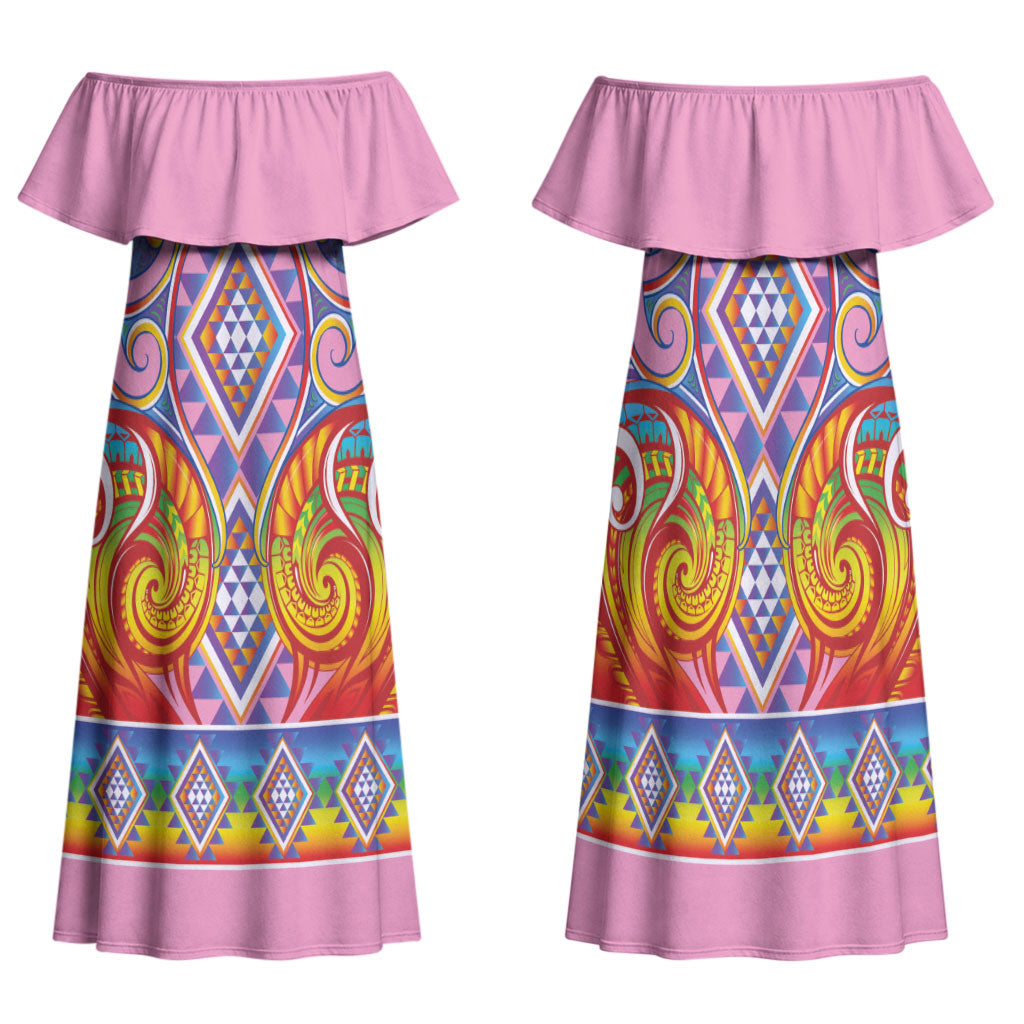 Rainbow Ngaru Taniko With Aotearoa Maori Tattoo Family Matching Off Shoulder Maxi Dress and Hawaiian Shirt