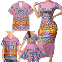 Rainbow Ngaru Taniko With Aotearoa Maori Tattoo Family Matching Short Sleeve Bodycon Dress and Hawaiian Shirt