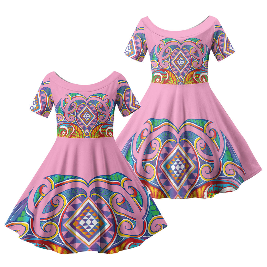 Rainbow Ngaru Taniko With Aotearoa Maori Tattoo Family Matching Short Sleeve Bodycon Dress and Hawaiian Shirt