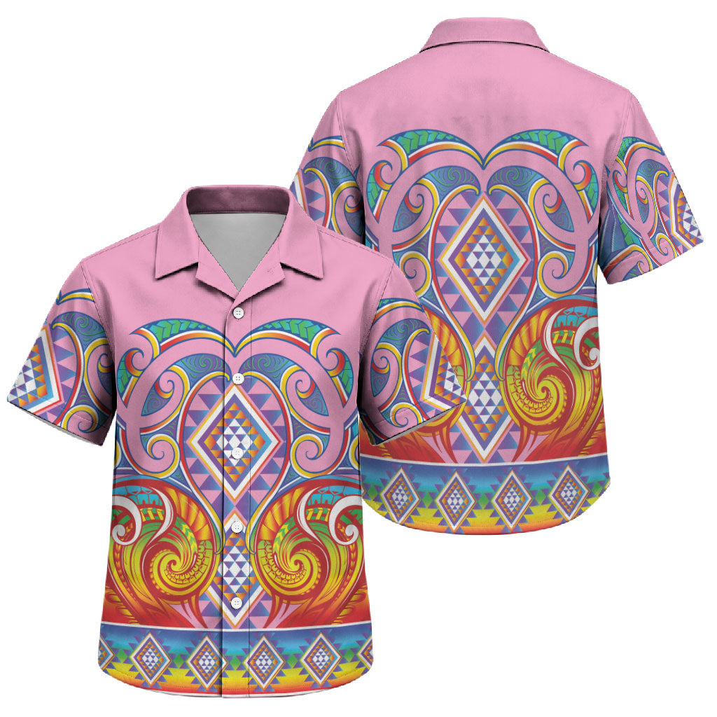 Rainbow Ngaru Taniko With Aotearoa Maori Tattoo Family Matching Short Sleeve Bodycon Dress and Hawaiian Shirt