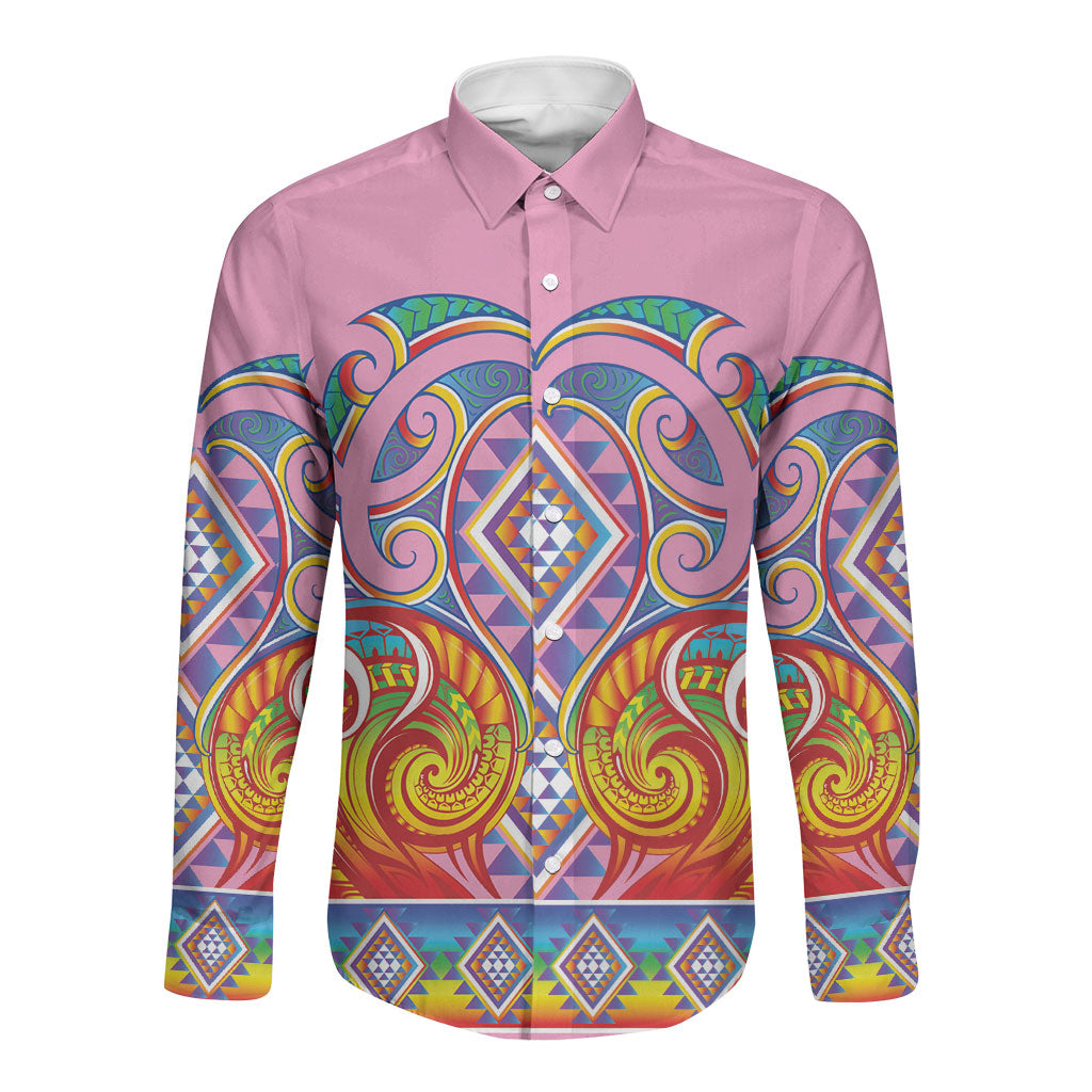Rainbow Ngaru Taniko With Aotearoa Maori Tattoo Long Sleeve Button Shirt LT14 Unisex Pink - Polynesian Pride