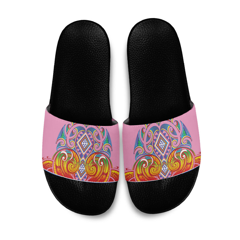 Rainbow Ngaru Taniko With Aotearoa Maori Tattoo Slide Sandals LT14 Pink - Polynesian Pride