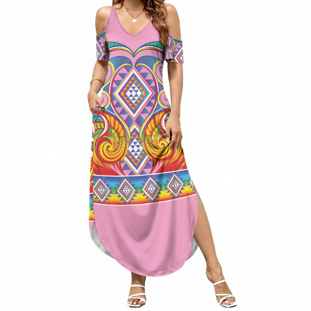 Rainbow Ngaru Taniko With Aotearoa Maori Tattoo Summer Maxi Dress LT14 Women Pink - Polynesian Pride