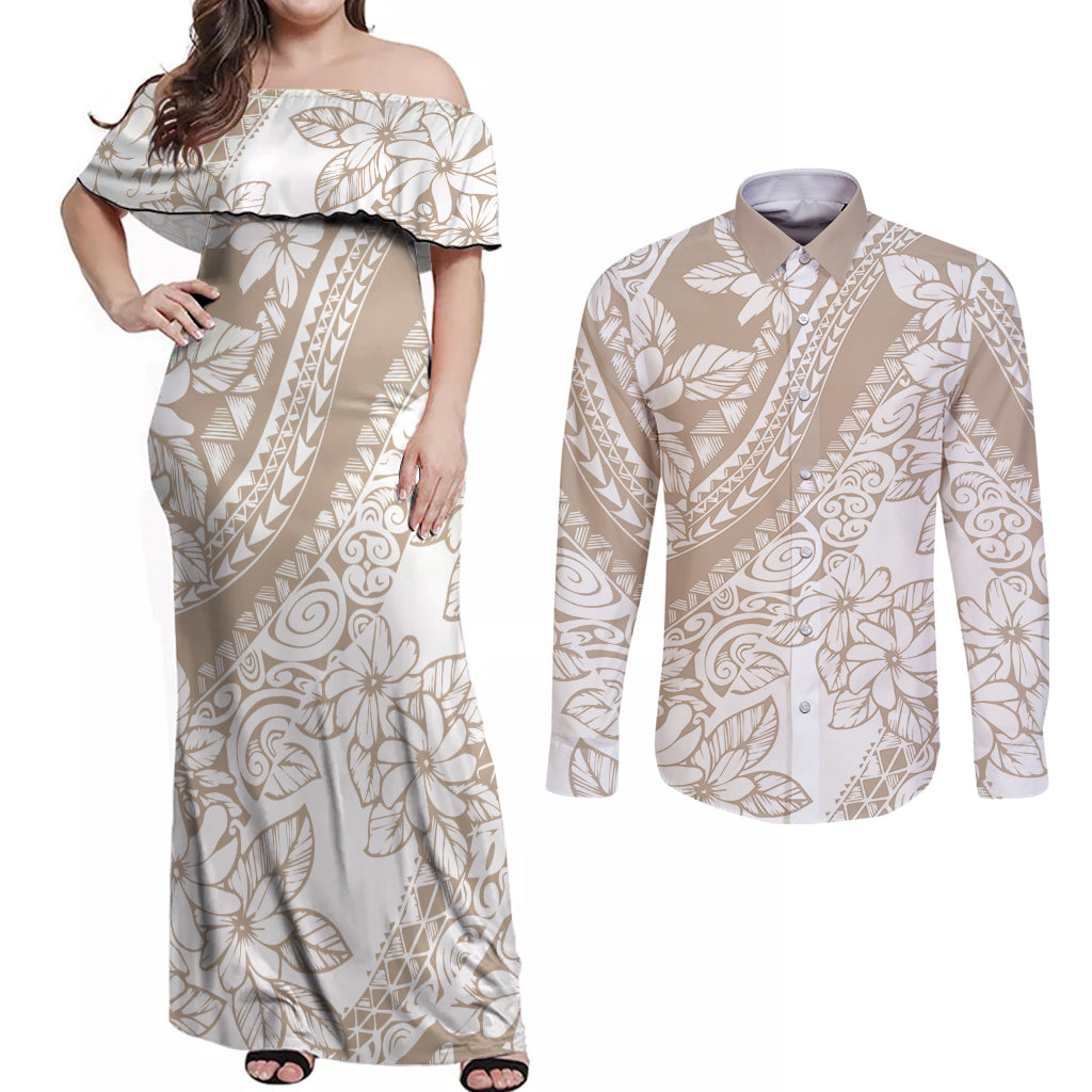 Polynesia Couples Matching Off Shoulder Maxi Dress and Long Sleeve Button Shirts Polynesian Tropical Flowers Beige Pastel Vibes LT14 Beige - Polynesian Pride
