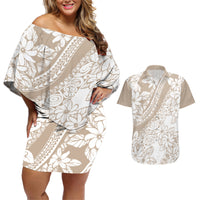 Polynesia Couples Matching Off Shoulder Short Dress and Hawaiian Shirt Polynesian Tropical Flowers Beige Pastel Vibes LT14 Beige - Polynesian Pride