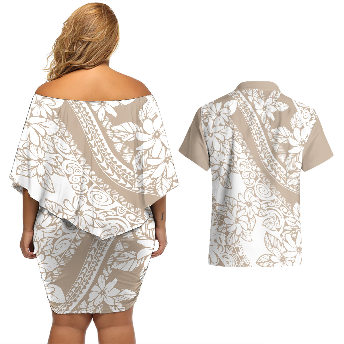 Polynesia Couples Matching Off Shoulder Short Dress and Hawaiian Shirt Polynesian Tropical Flowers Beige Pastel Vibes LT14 - Polynesian Pride