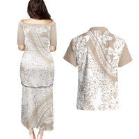 Polynesia Couples Matching Puletasi Dress and Hawaiian Shirt Polynesian Tropical Flowers Beige Pastel Vibes LT14 - Polynesian Pride