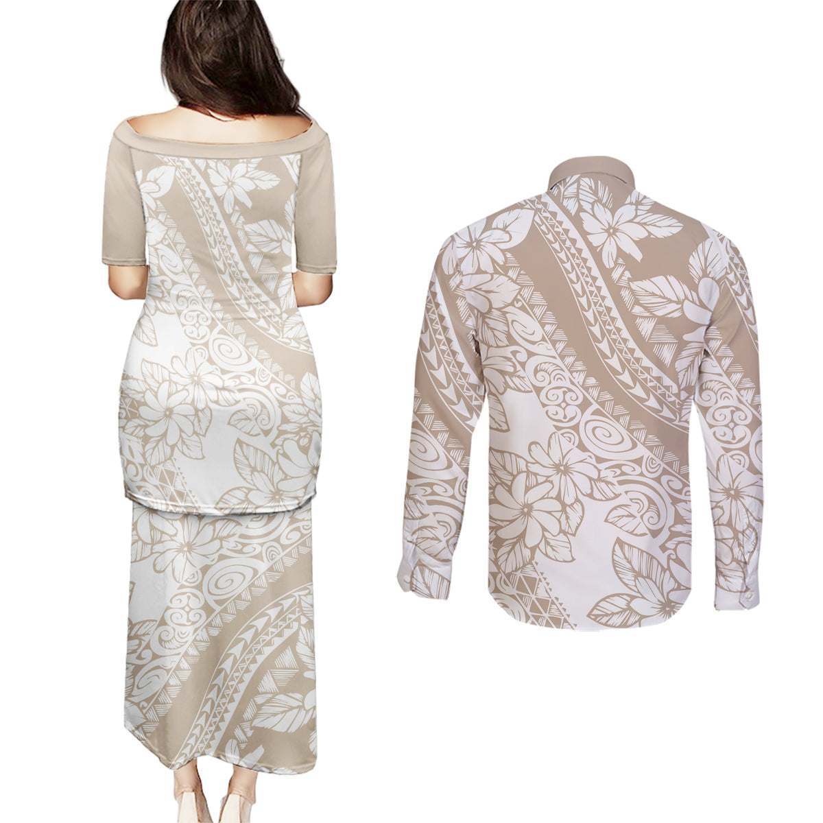 Polynesia Couples Matching Puletasi Dress and Long Sleeve Button Shirts Polynesian Tropical Flowers Beige Pastel Vibes LT14 - Polynesian Pride
