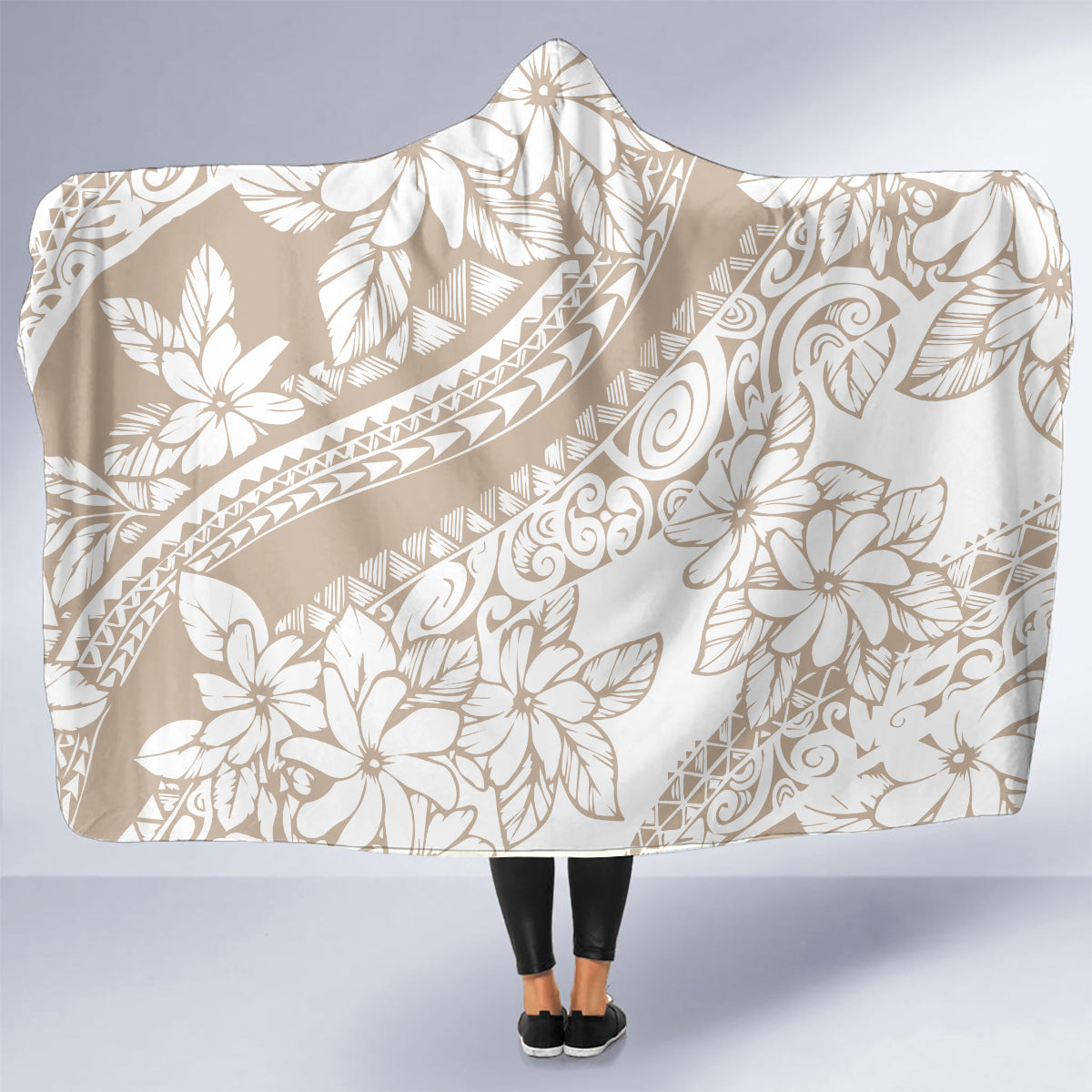 Polynesia Hooded Blanket Polynesian Tropical Flowers Begie Pastel Vibes LT14 - Polynesian Pride