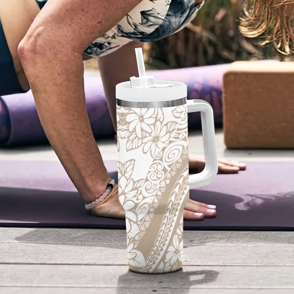 Polynesia Tumbler With Handle Polynesian Tropical Flowers Begie Pastel Vibes