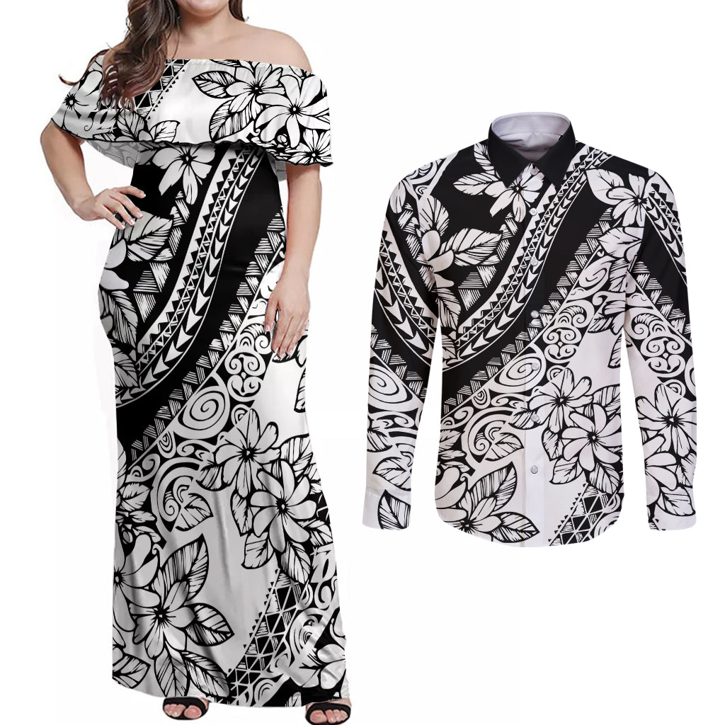 polynesia-couples-matching-off-shoulder-maxi-dress-and-long-sleeve-button-shirts-polynesian-tropical-flowers-black-pastel-vibes