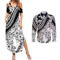 Polynesia Couples Matching Summer Maxi Dress and Long Sleeve Button Shirts Polynesian Tropical Flowers Black Pastel Vibes LT14 Black - Polynesian Pride