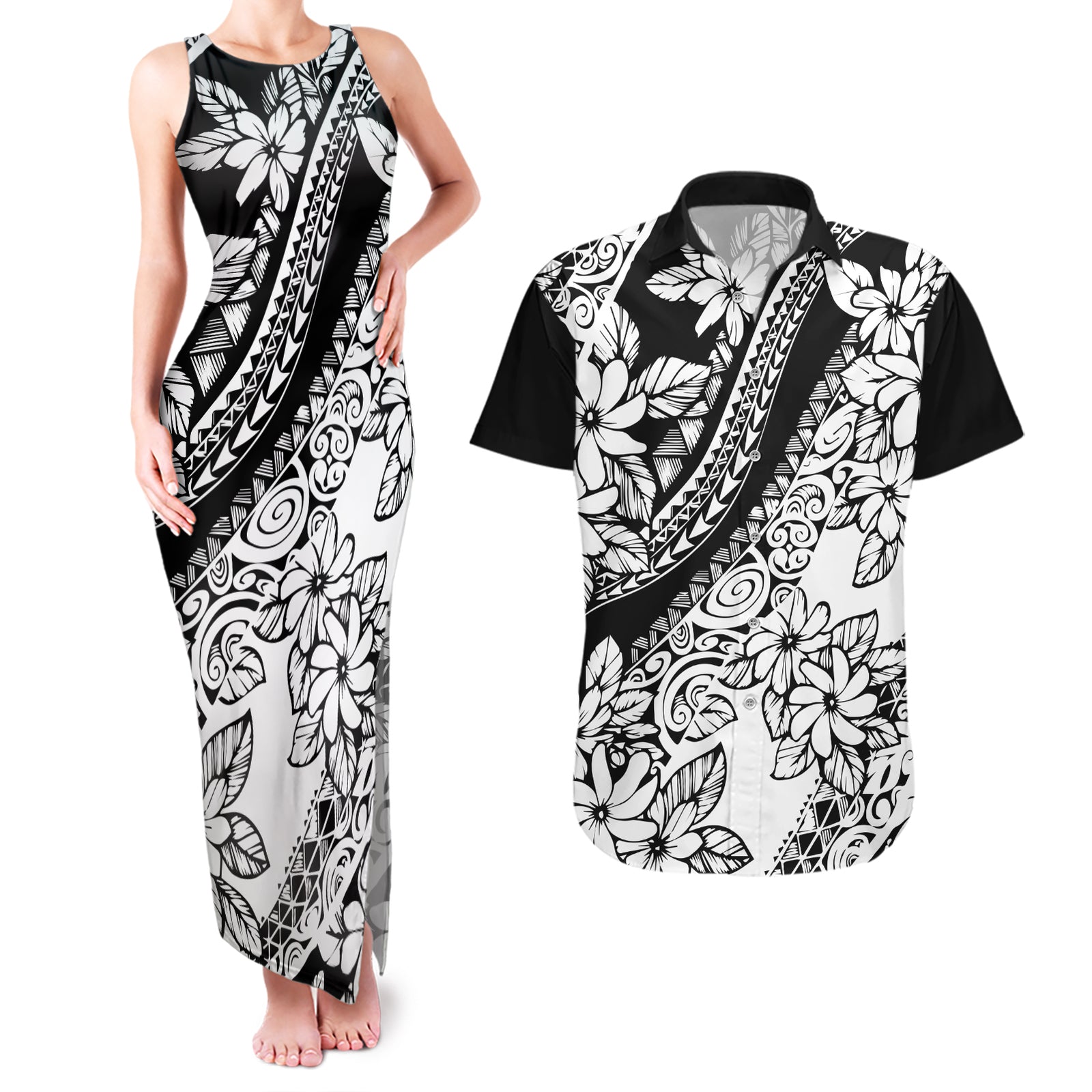 polynesia-couples-matching-tank-maxi-dress-and-hawaiian-shirt-polynesian-tropical-flowers-black-pastel-vibes