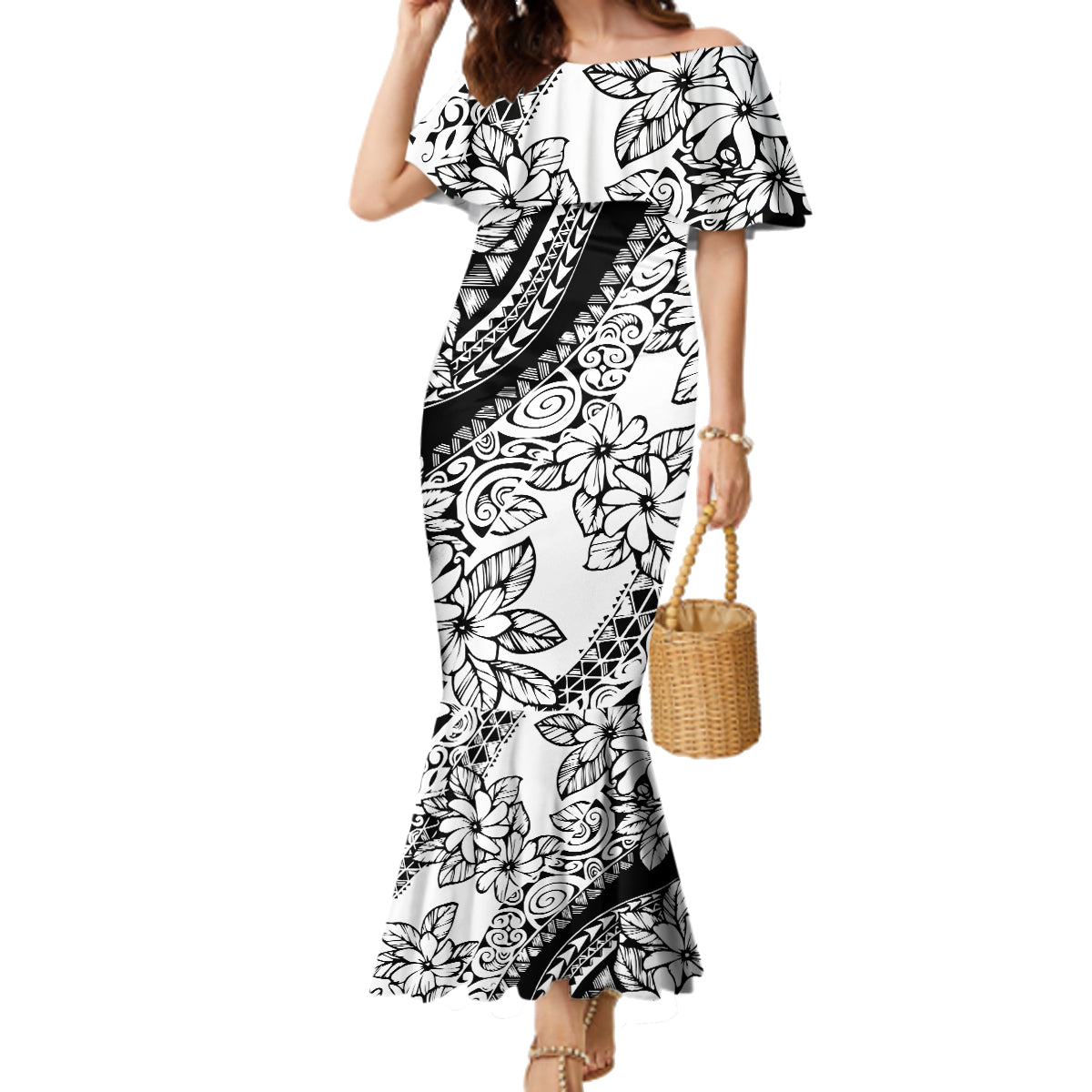 polynesia-family-matching-mermaid-dress-and-hawaiian-shirt-polynesian-tropical-flowers-black-pastel-vibes