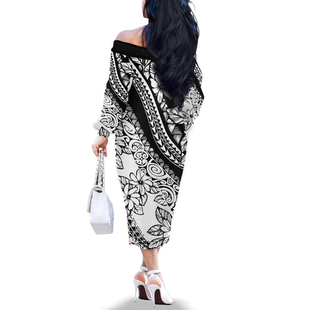 polynesia-family-matching-off-shoulder-long-sleeve-dress-and-hawaiian-shirt-polynesian-tropical-flowers-black-pastel-vibes