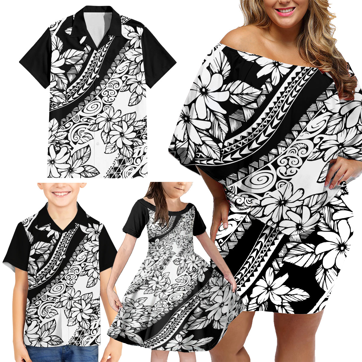 Polynesia Family Matching Off Shoulder Short Dress and Hawaiian Shirt Polynesian Tropical Flowers Black Pastel Vibes LT14 - Polynesian Pride