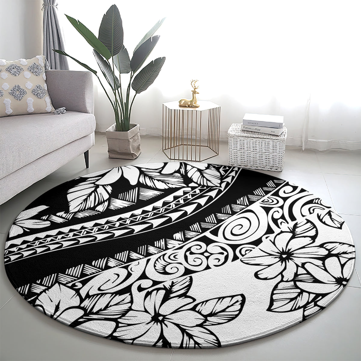 Polynesia Round Carpet Polynesian Tropical Flowers Black Pastel Vibes LT14 - Polynesian Pride