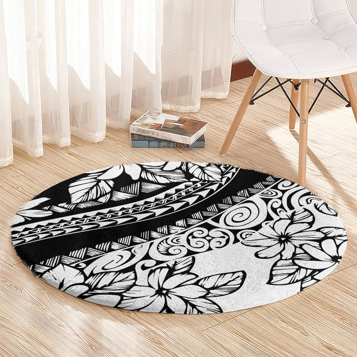 Polynesia Round Carpet Polynesian Tropical Flowers Black Pastel Vibes LT14 - Polynesian Pride