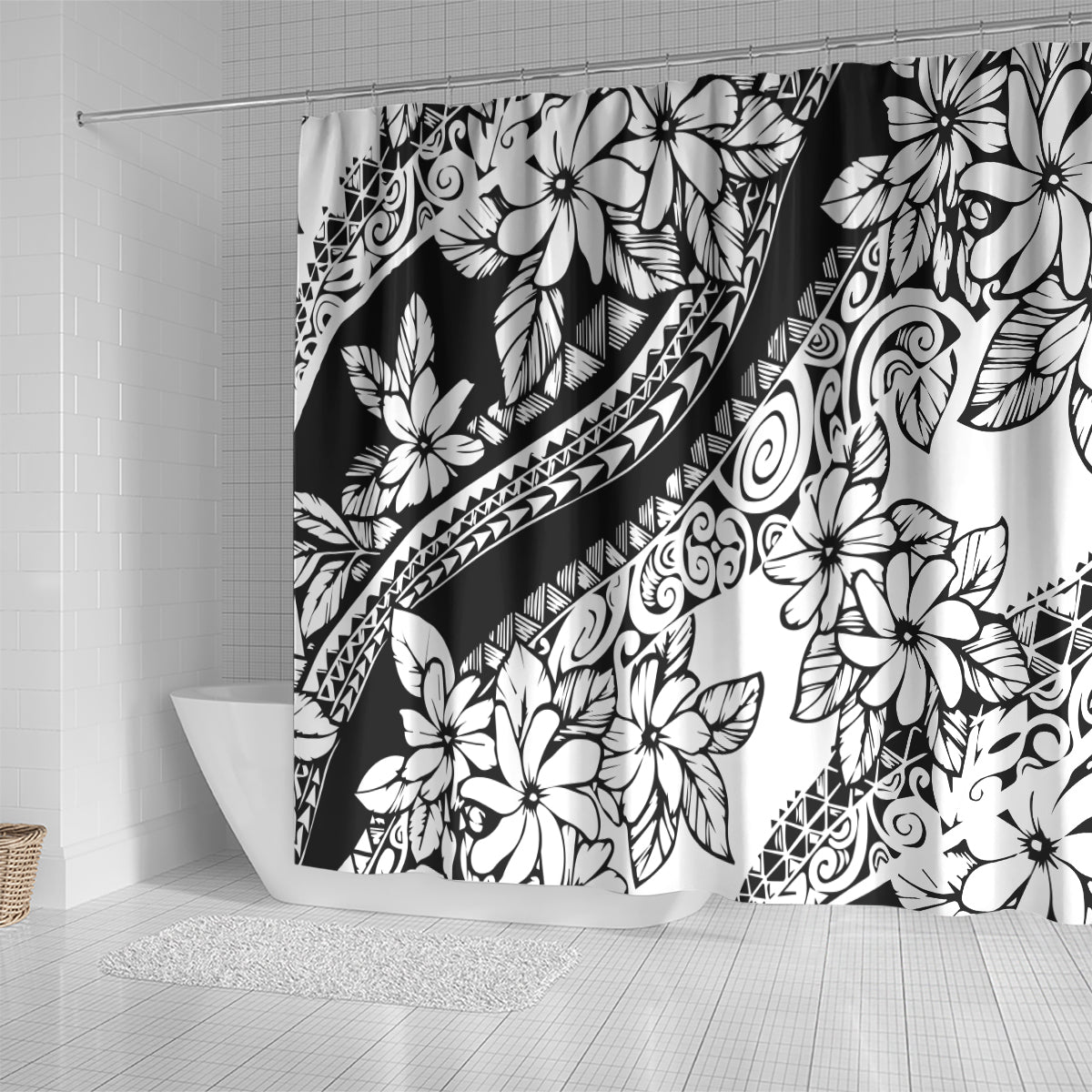 Polynesia Shower Curtain Polynesian Tropical Flowers Black Pastel Vibes LT14 - Polynesian Pride