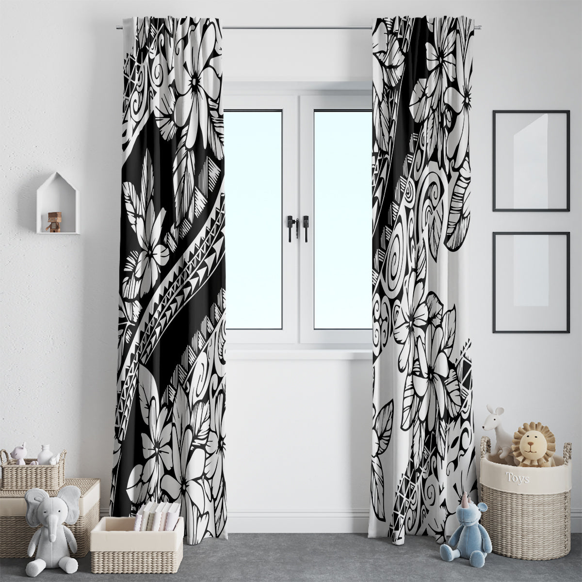 Polynesia Window Curtain Polynesian Tropical Flowers Black Pastel Vibes LT14 - Polynesian Pride