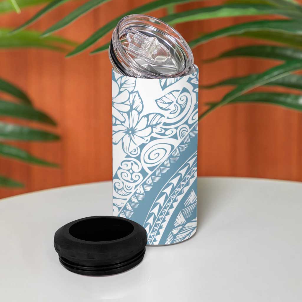 Polynesia 4 in 1 Can Cooler Tumbler Polynesian Tropical Flowers Blue Pastel Vibes