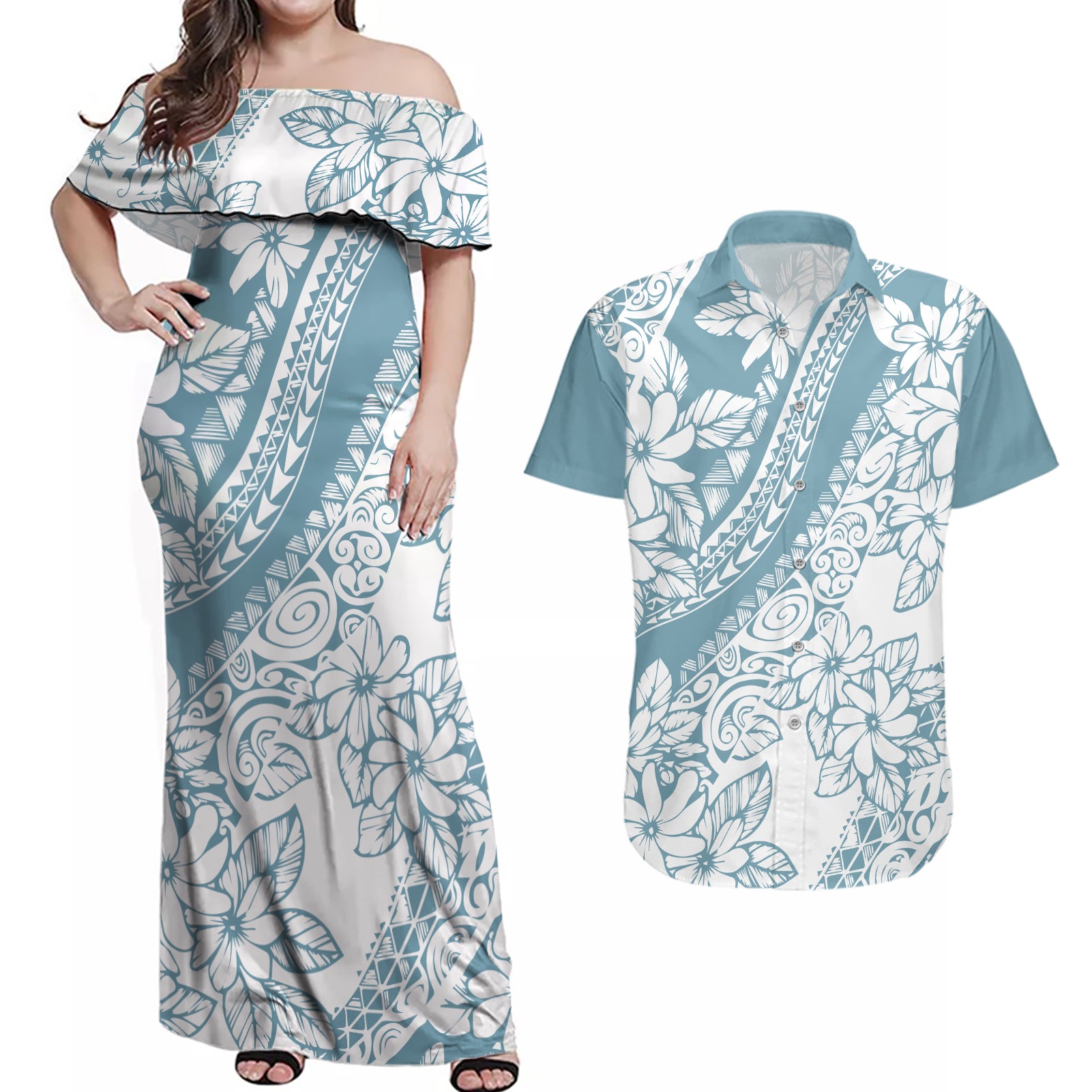 polynesia-couples-matching-off-shoulder-maxi-dress-and-hawaiian-shirt-polynesian-tropical-flowers-blue-pastel-vibes