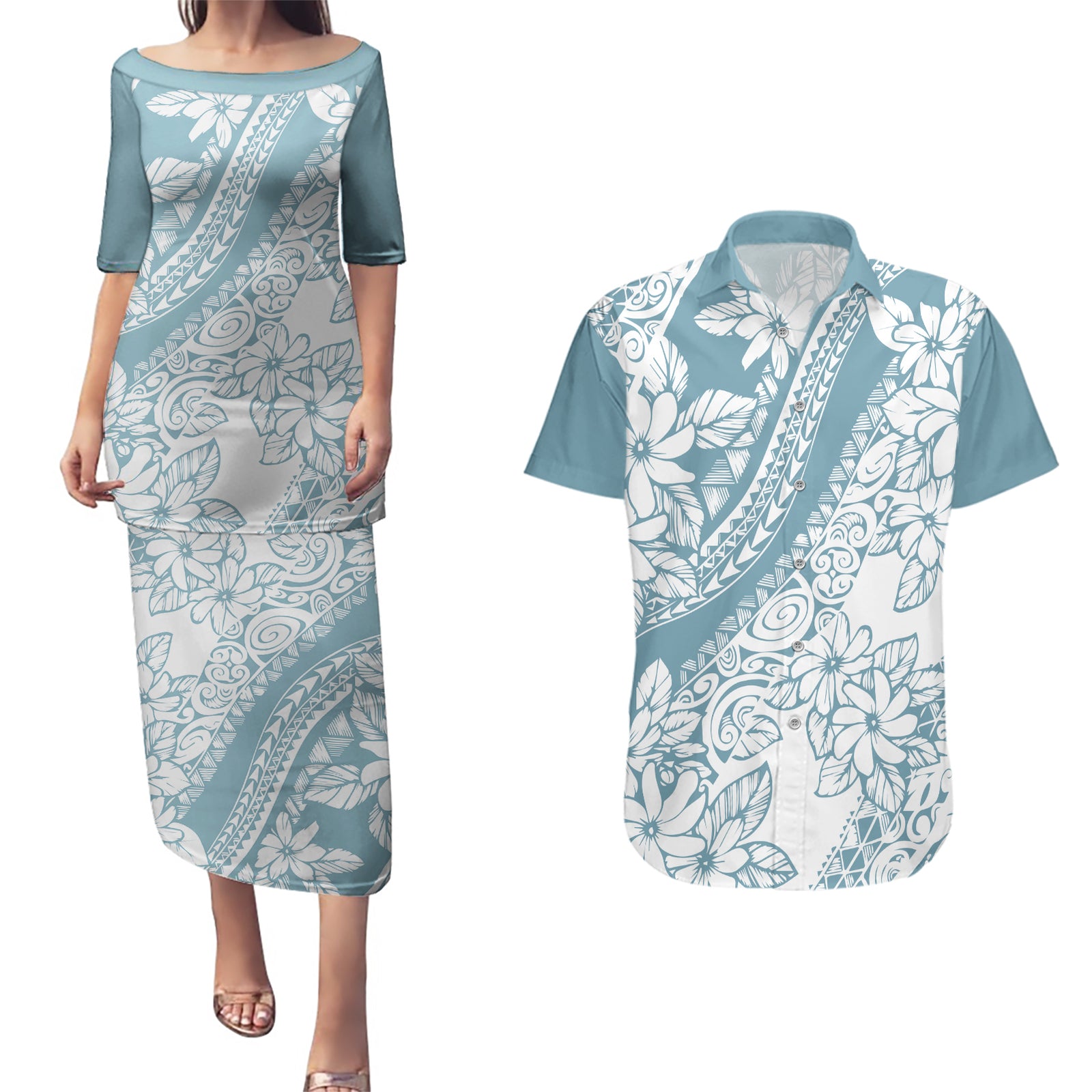 polynesia-couples-matching-puletasi-dress-and-hawaiian-shirt-polynesian-tropical-flowers-blue-pastel-vibes