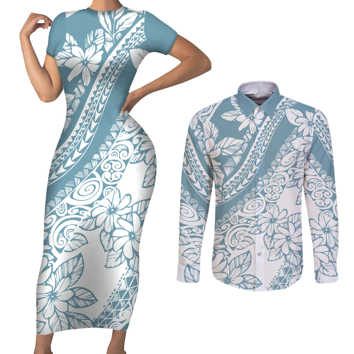 polynesia-couples-matching-short-sleeve-bodycon-dress-and-long-sleeve-button-shirts-polynesian-tropical-flowers-blue-pastel-vibes