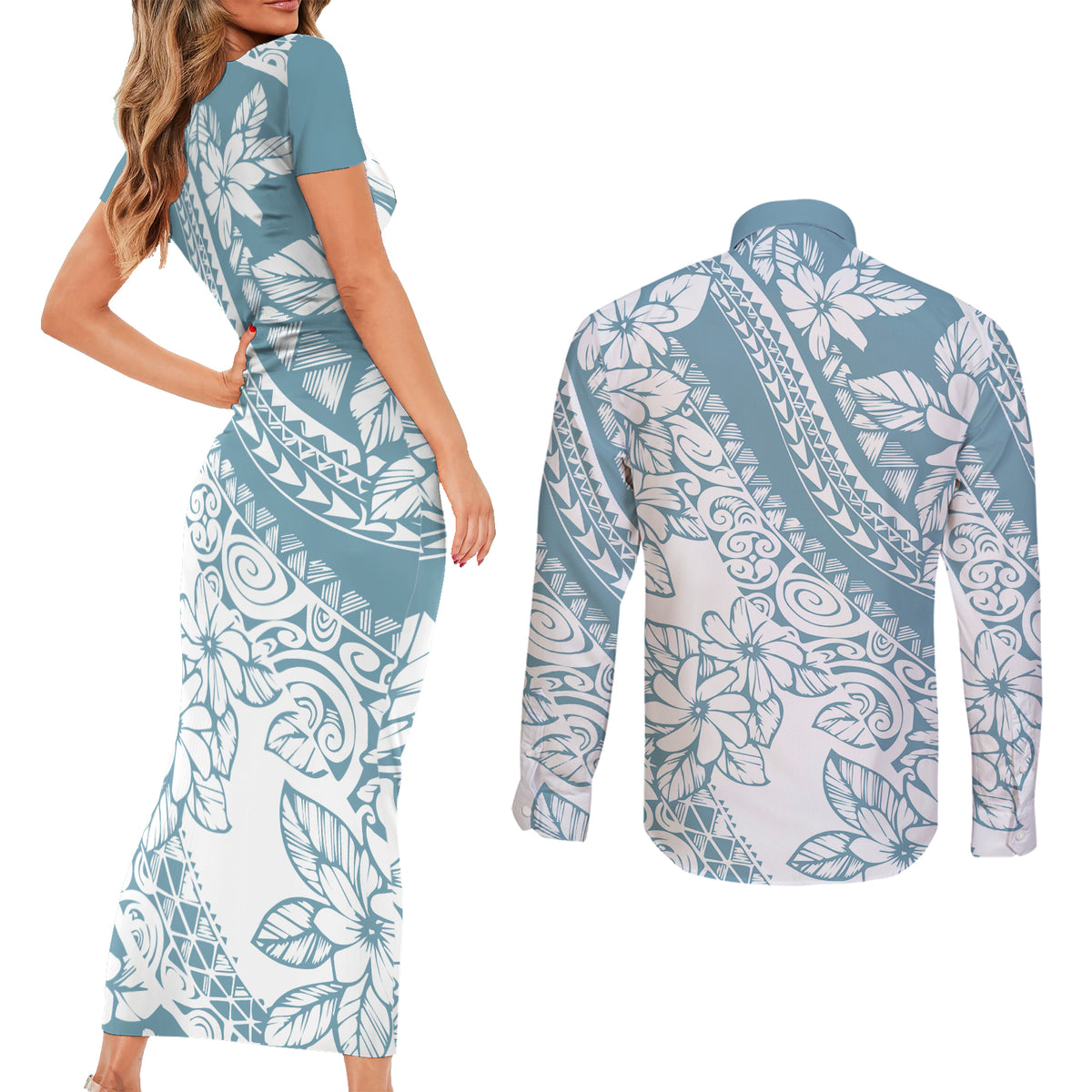 polynesia-couples-matching-short-sleeve-bodycon-dress-and-long-sleeve-button-shirts-polynesian-tropical-flowers-blue-pastel-vibes