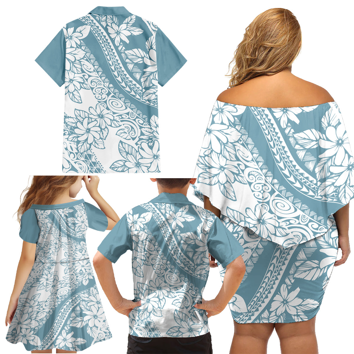 polynesia-family-matching-off-shoulder-short-dress-and-hawaiian-shirt-polynesian-tropical-flowers-blue-pastel-vibes