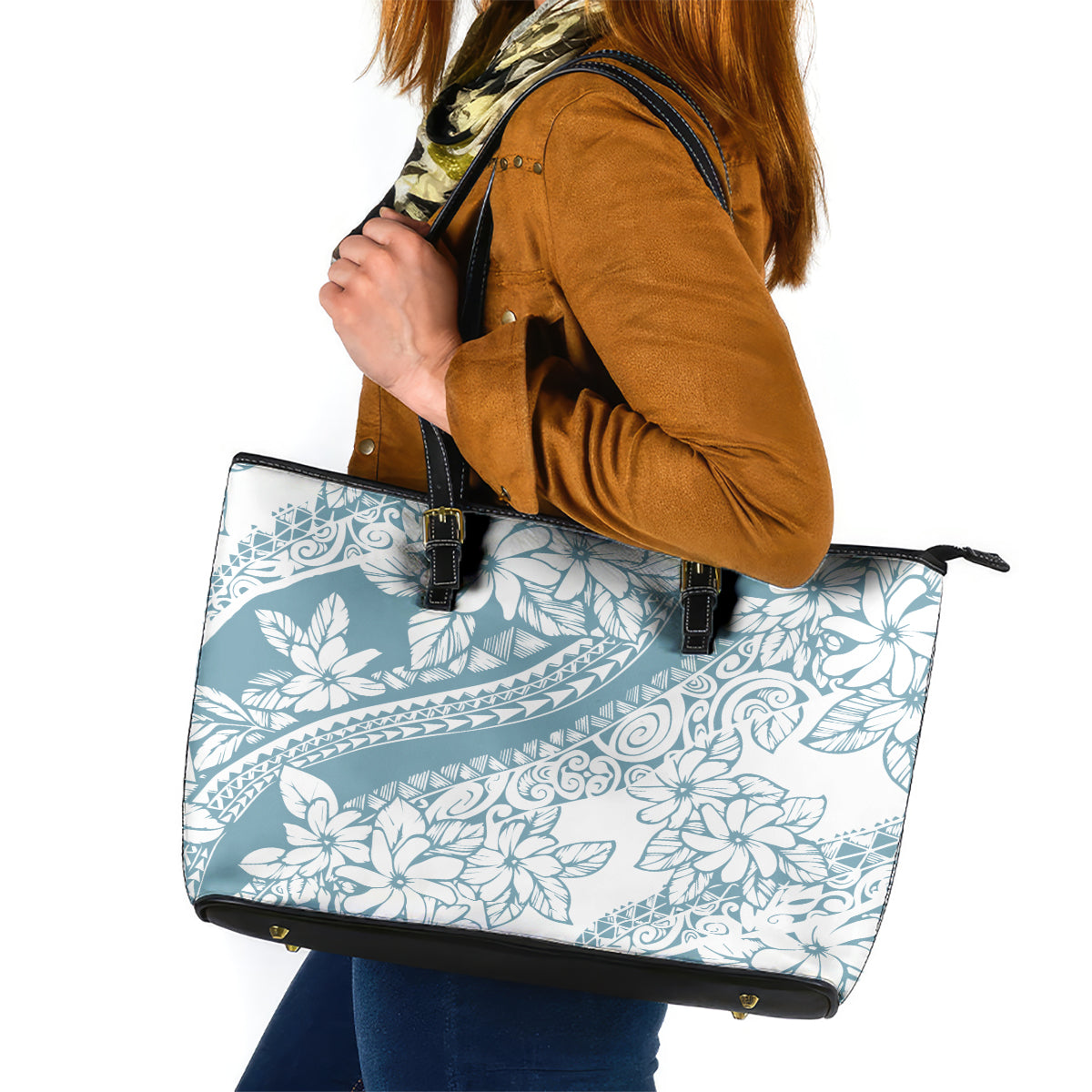 Polynesia Leather Tote Bag Polynesian Tropical Flowers Blue Pastel Vibes LT14 Blue - Polynesian Pride