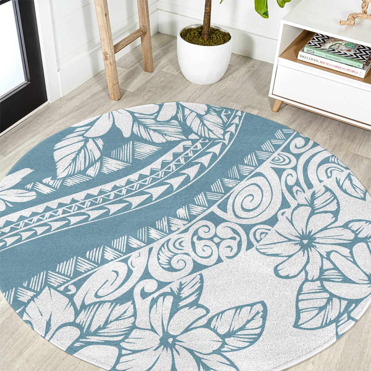 Polynesia Round Carpet Polynesian Tropical Flowers Blue Pastel Vibes LT14 Blue - Polynesian Pride