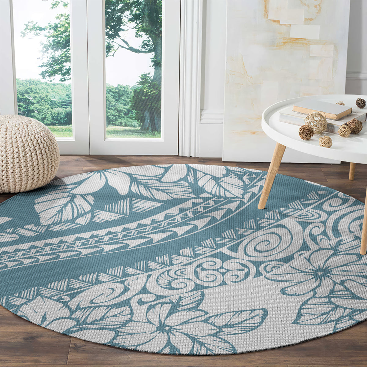 Polynesia Round Carpet Polynesian Tropical Flowers Blue Pastel Vibes LT14 - Polynesian Pride