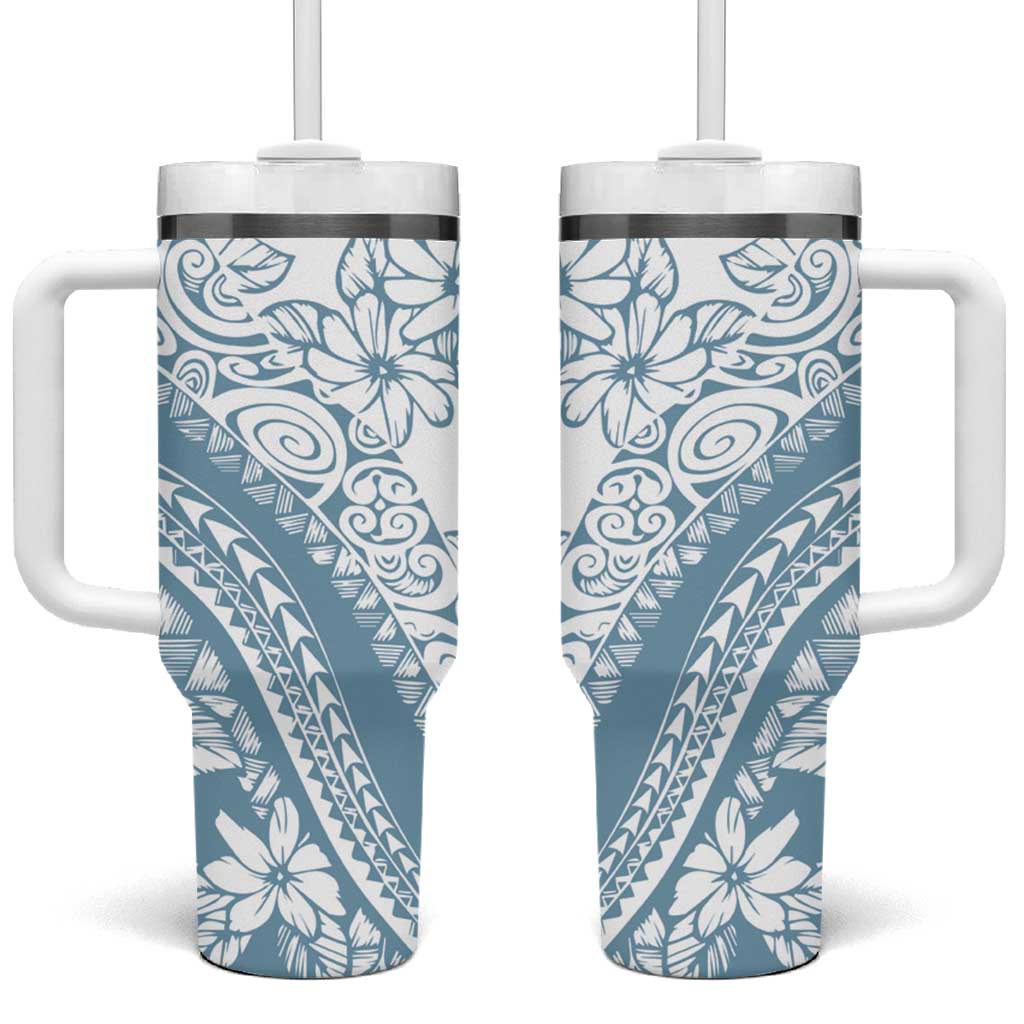 Polynesia Tumbler With Handle Polynesian Tropical Flowers Blue Pastel Vibes