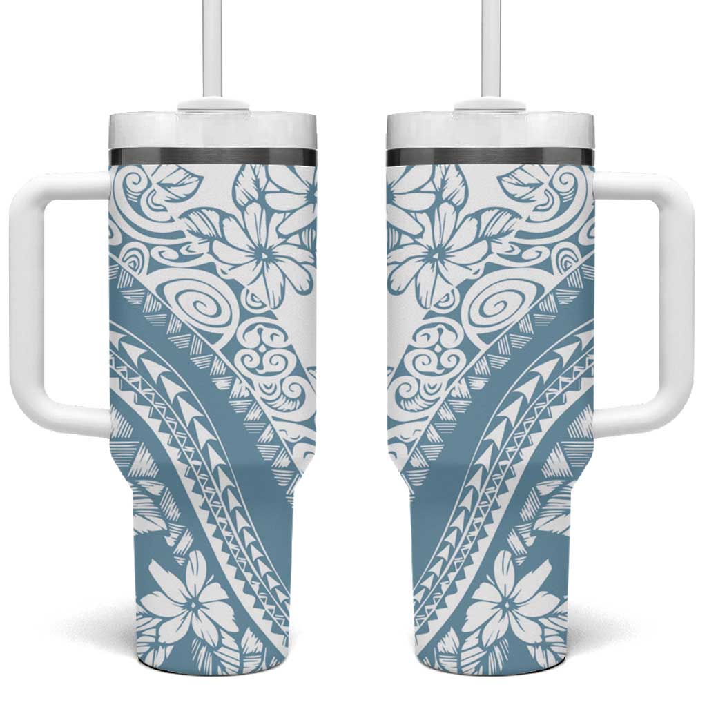 Polynesia Tumbler With Handle Polynesian Tropical Flowers Blue Pastel Vibes