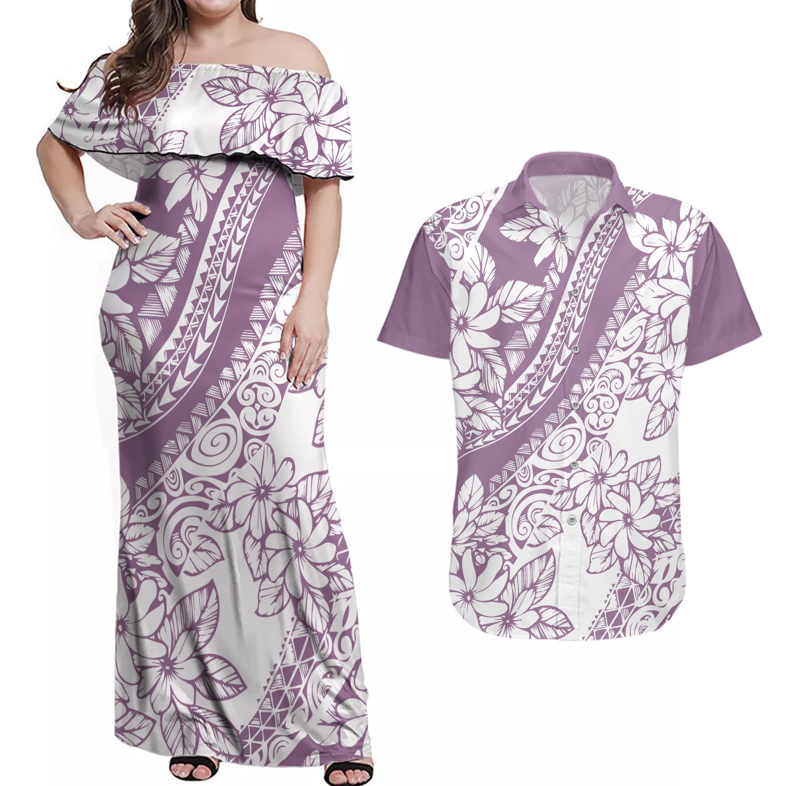 polynesia-couples-matching-off-shoulder-maxi-dress-and-hawaiian-shirt-polynesian-tropical-flowers-purple-pastel-vibes