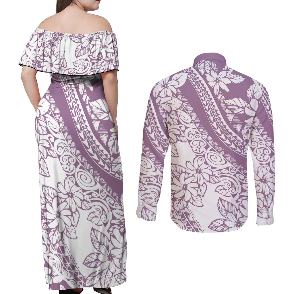 polynesia-couples-matching-off-shoulder-maxi-dress-and-long-sleeve-button-shirts-polynesian-tropical-flowers-purple-pastel-vibes