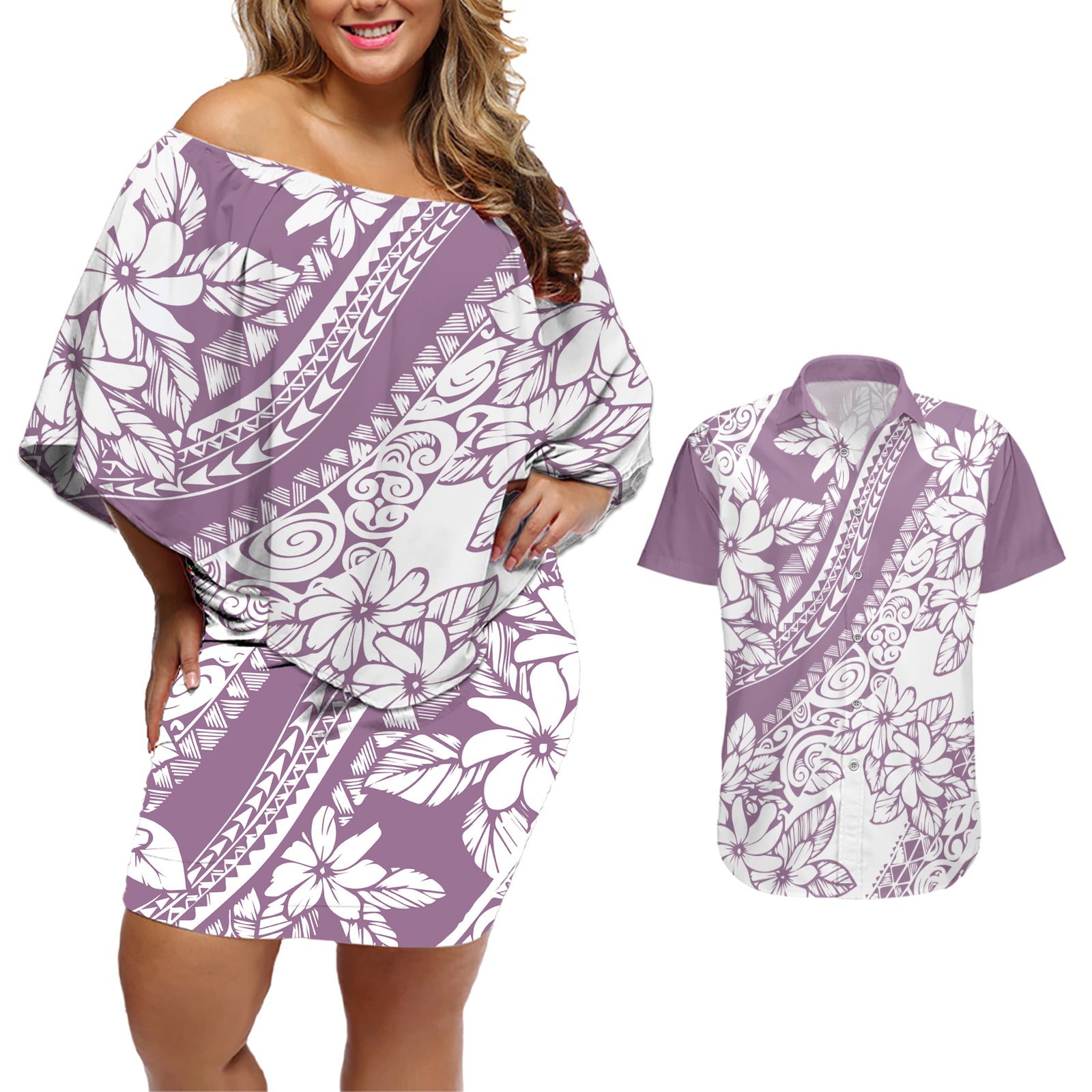 polynesia-couples-matching-off-shoulder-short-dress-and-hawaiian-shirt-polynesian-tropical-flowers-purple-pastel-vibes
