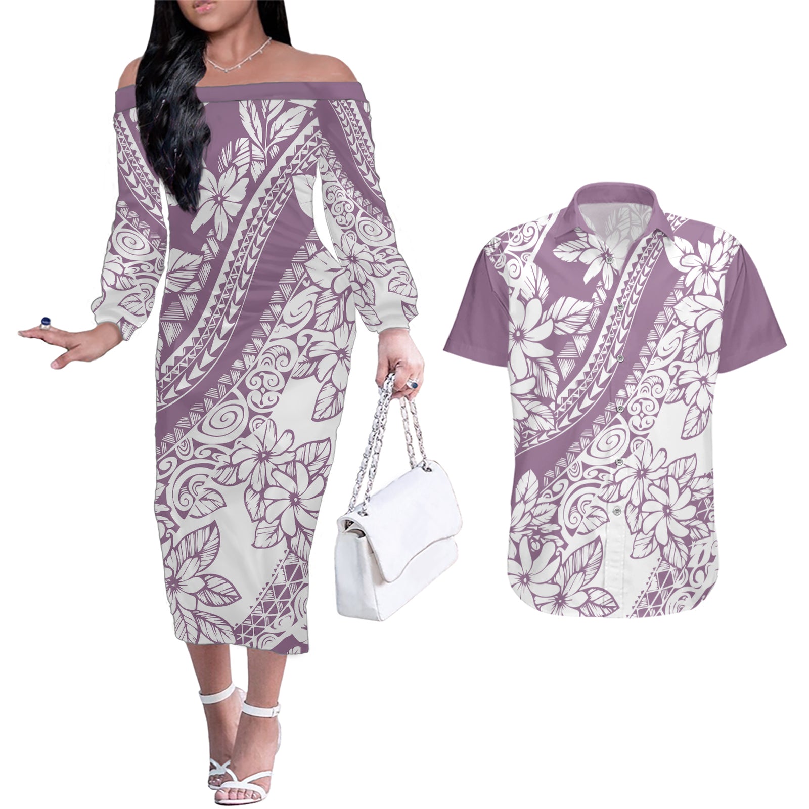 polynesia-couples-matching-off-the-shoulder-long-sleeve-dress-and-hawaiian-shirt-polynesian-tropical-flowers-purple-pastel-vibes
