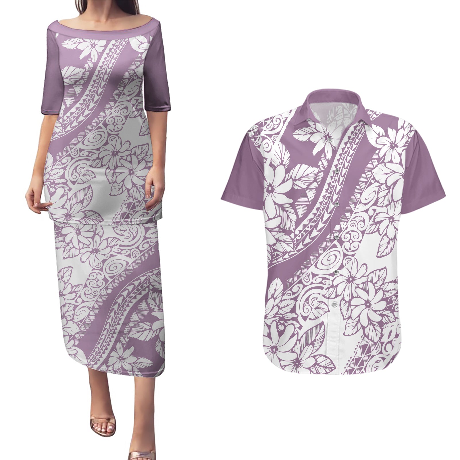 polynesia-couples-matching-puletasi-dress-and-hawaiian-shirt-polynesian-tropical-flowers-purple-pastel-vibes