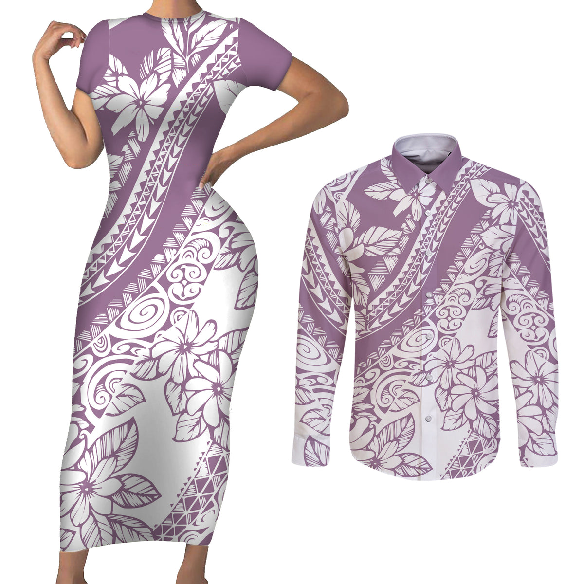 polynesia-couples-matching-short-sleeve-bodycon-dress-and-long-sleeve-button-shirts-polynesian-tropical-flowers-purple-pastel-vibes