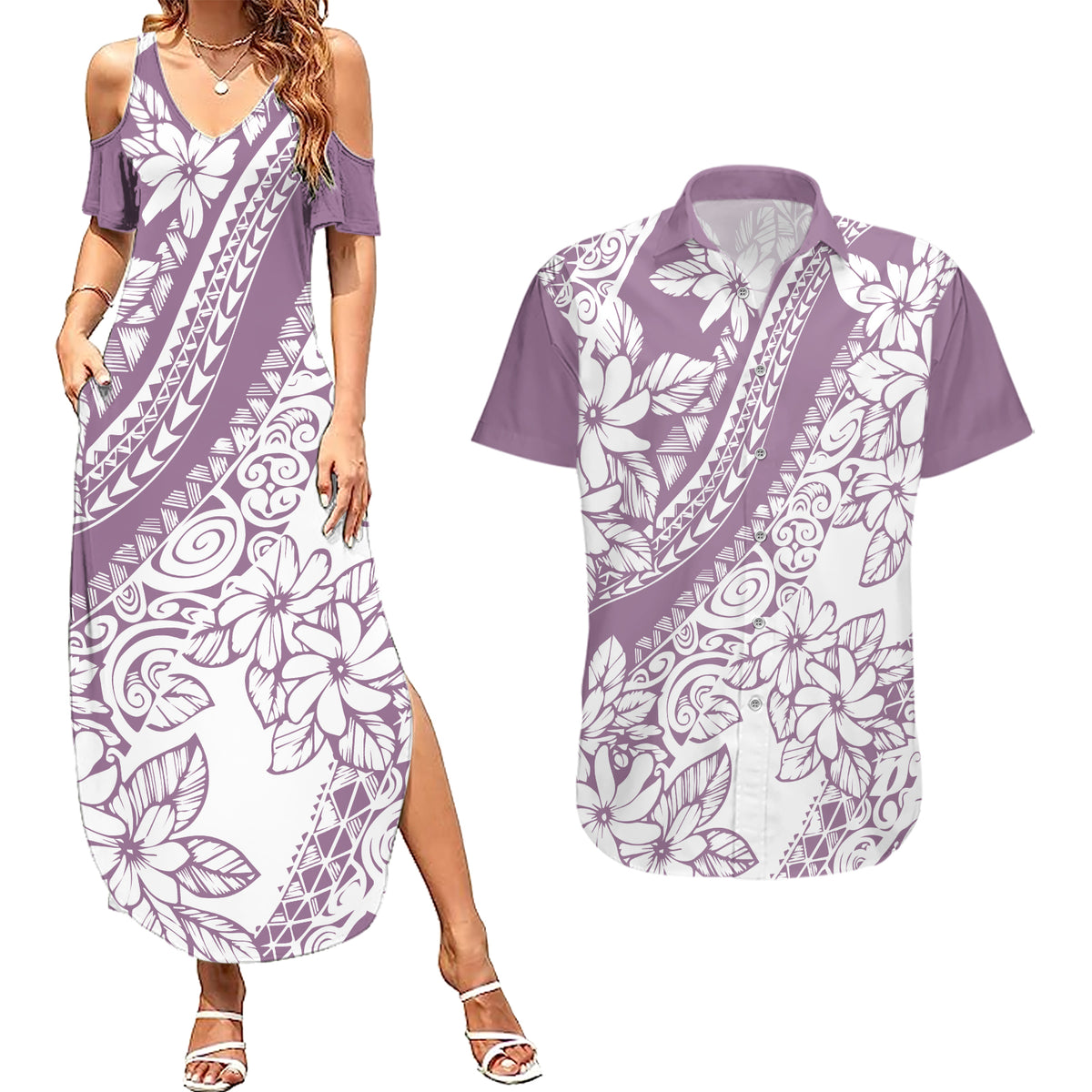 polynesia-couples-matching-summer-maxi-dress-and-hawaiian-shirt-polynesian-tropical-flowers-purple-pastel-vibes