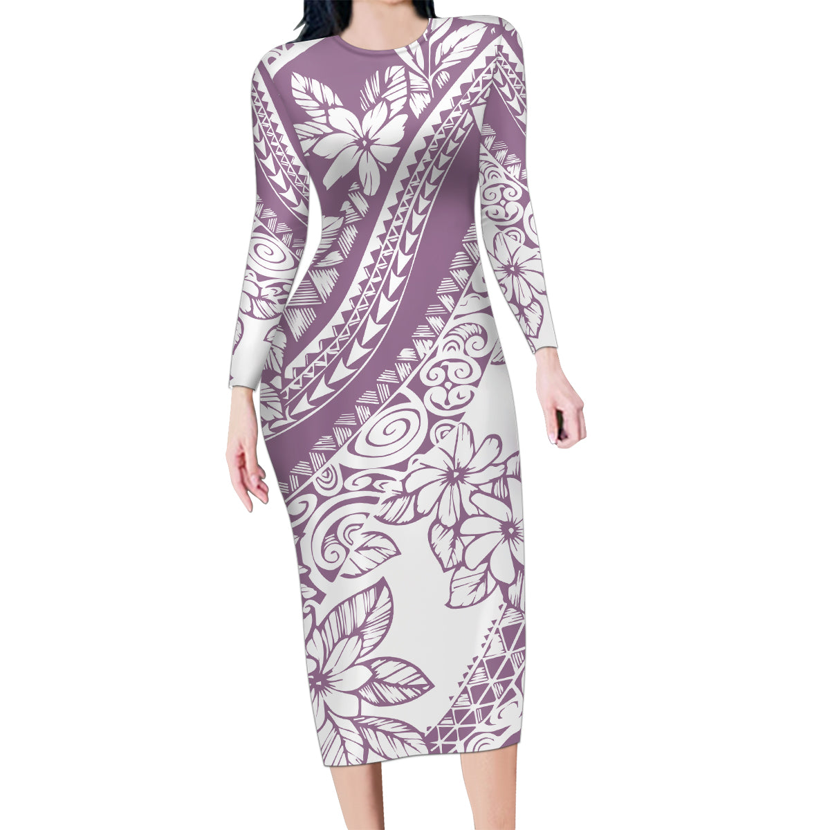 polynesia-family-matching-long-sleeve-bodycon-dress-and-hawaiian-shirt-polynesian-tropical-flowers-purple-pastel-vibes