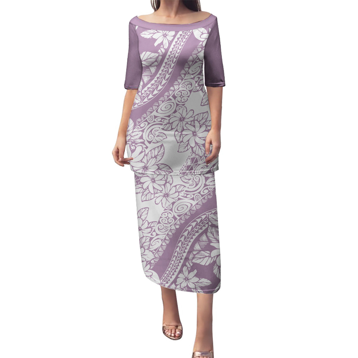 Polynesia Family Matching Puletasi Dress and Hawaiian Shirt Polynesian Tropical Flowers Purple Pastel Vibes LT14 Mom's Dress Purple - Polynesian Pride